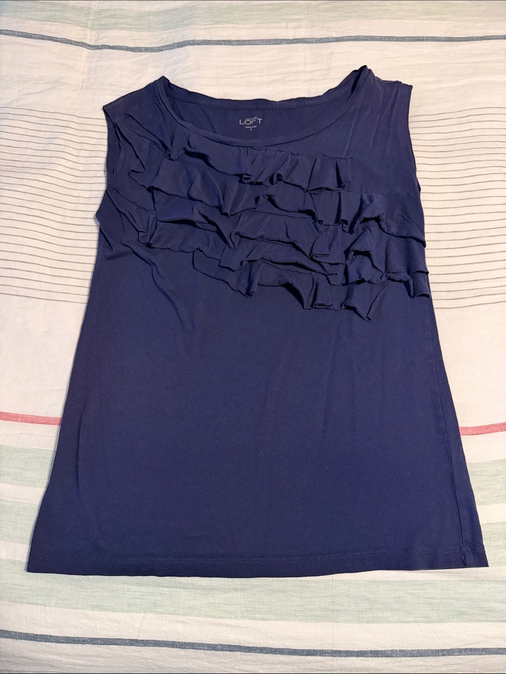 LOFT Navy Ruffle Sleeveless Tank Top, knit